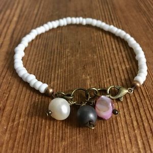 Ladies White Beaded Charm Bracelet,  Handmade Ladies Bracelet with Beaded Charms